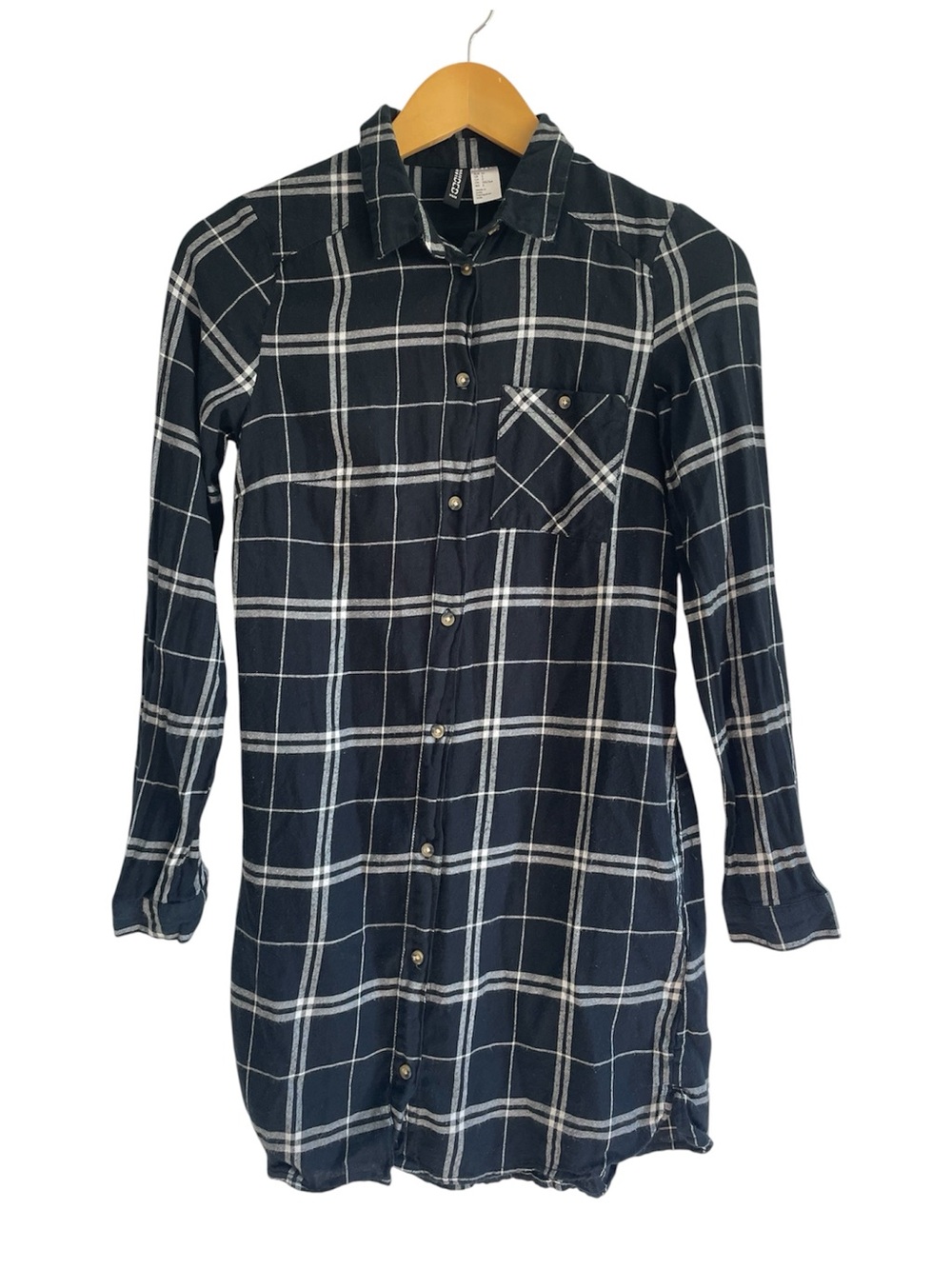 H&M Black and White Cotton Plaid Shirt Dress Sz 2 Neutral Minimalist Breathable